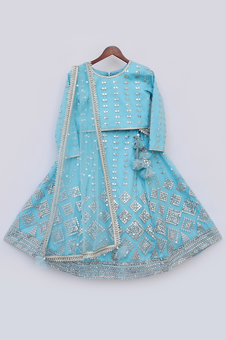 Blue Net Embroidered Lehenga Set For Girls by Fayon Kids