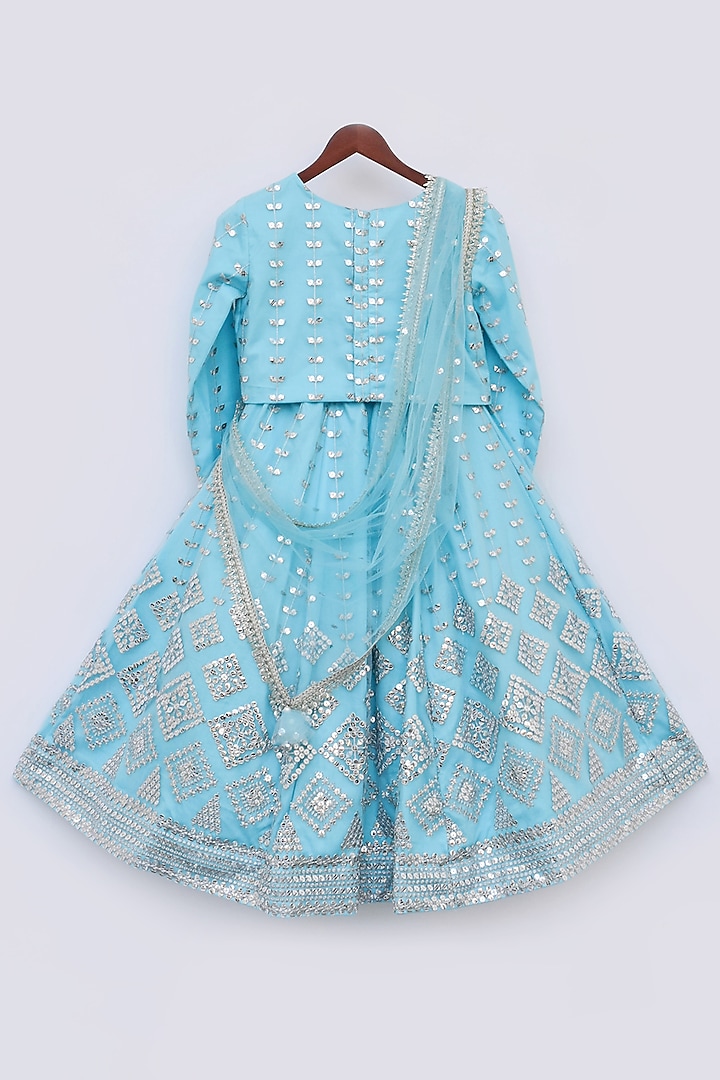 Blue Net Embroidered Lehenga Set For Girls by Fayon Kids at Pernia's Pop Up Shop