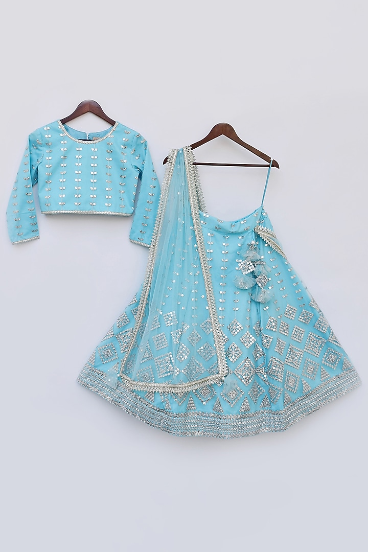 Blue Net Embroidered Lehenga Set For Girls by Fayon Kids at Pernia's Pop Up Shop