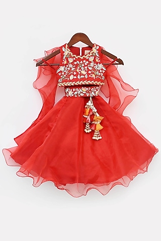 Red Organza Lehenga Set For Girls by Fayon Kids
