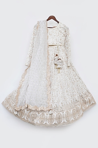 Off-White Georgette Sequins Embroidered Lehenga Set For Girls by Fayon Kids