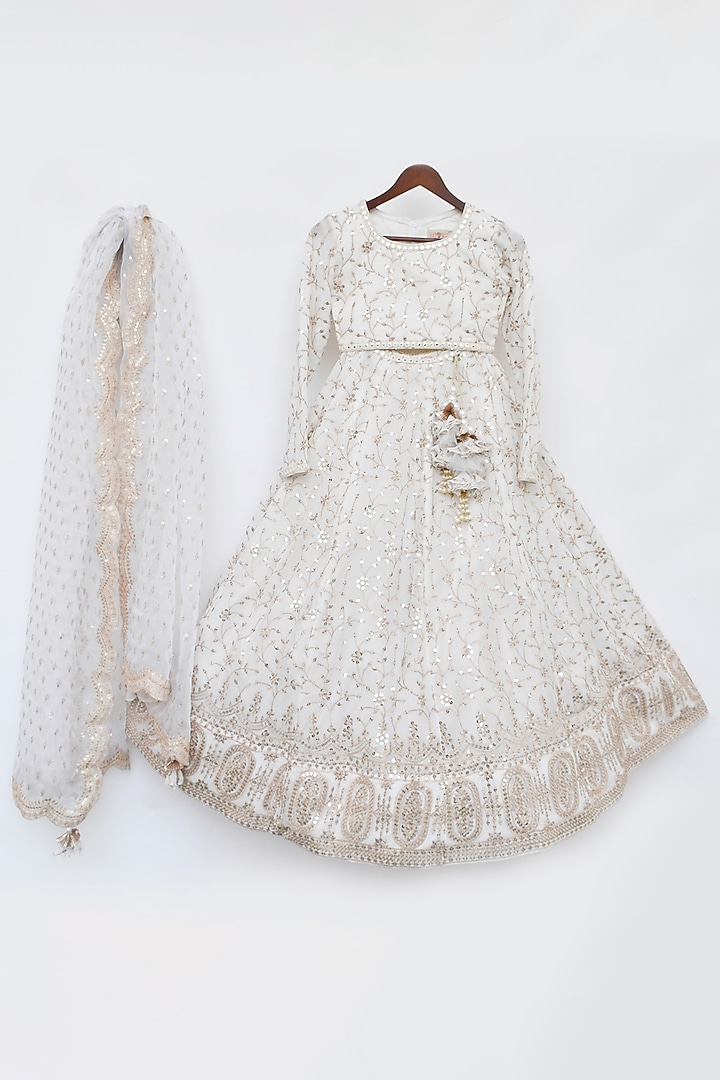 Off-White Georgette Sequins Embroidered Lehenga Set For Girls by Fayon Kids at Pernia's Pop Up Shop
