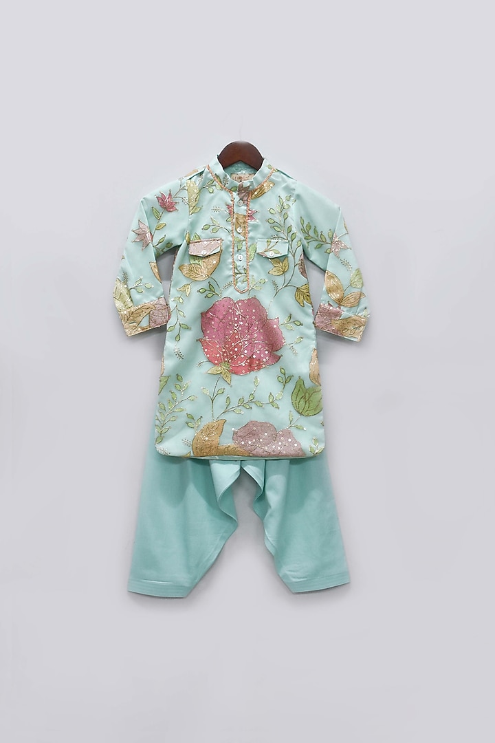 Aqua Blue Embroidered Kurta Set For Boys by Fayon Kids at Pernia's Pop Up Shop