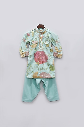 Aqua Blue Net Floral Printed & Embroidered Kurta Set For Boys by Fayon Kids