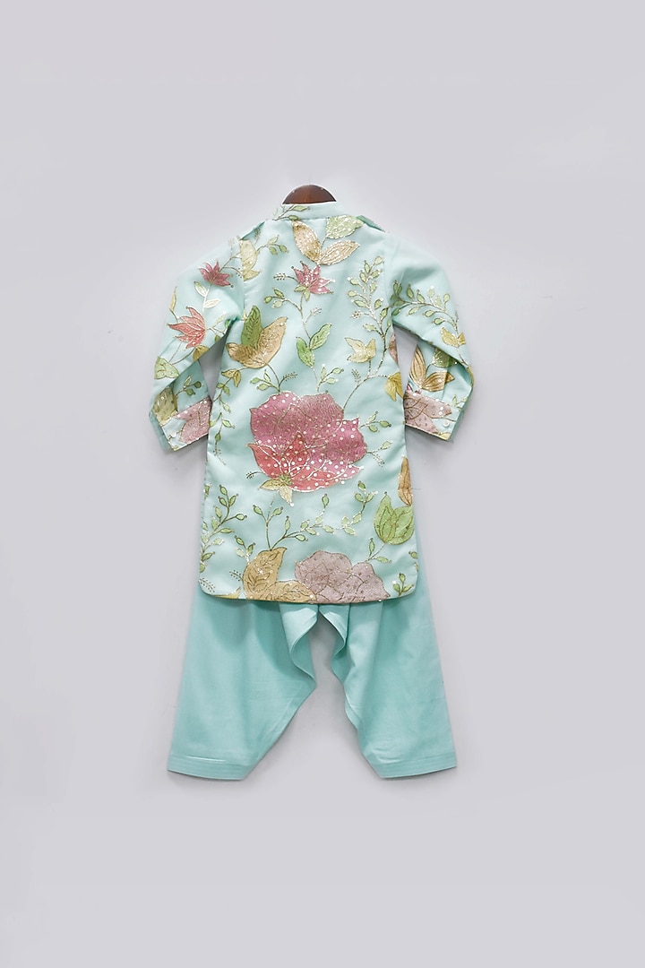 Aqua Blue Net Floral Printed & Embroidered Kurta Set For Boys by Fayon Kids at Pernia's Pop Up Shop