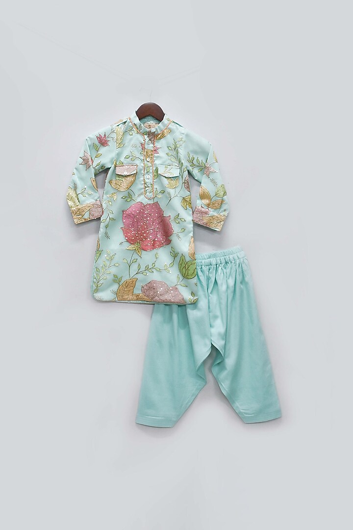 Aqua Blue Net Floral Printed & Embroidered Kurta Set For Boys by Fayon Kids at Pernia's Pop Up Shop