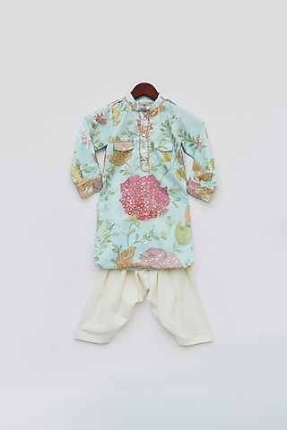 Aqua Blue Net Floral Printed & Embroidered Kurta Set For Boys by Fayon Kids