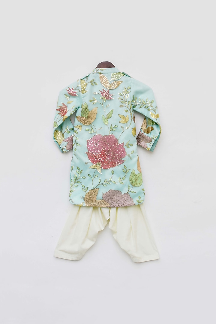 Aqua Blue Net Floral Printed & Embroidered Kurta Set For Boys by Fayon Kids at Pernia's Pop Up Shop