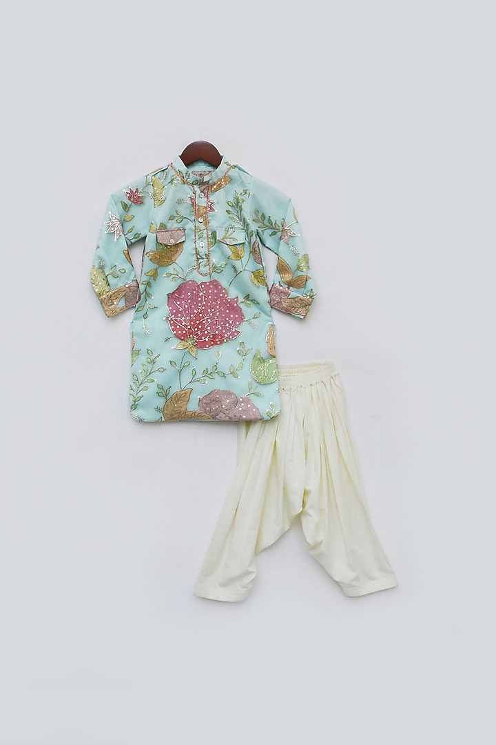 Aqua Blue Net Floral Printed & Embroidered Kurta Set For Boys by Fayon Kids at Pernia's Pop Up Shop