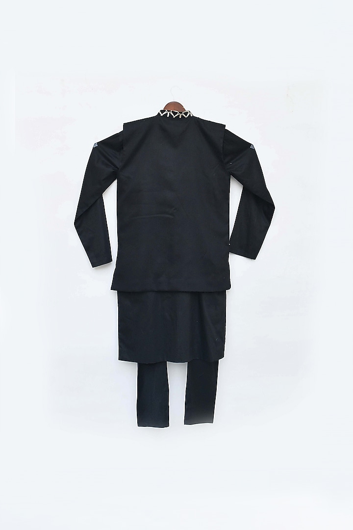 Black Cotton Silk Embroidered Bundi Jacket Set For Boys by Fayon Kids at Pernia's Pop Up Shop