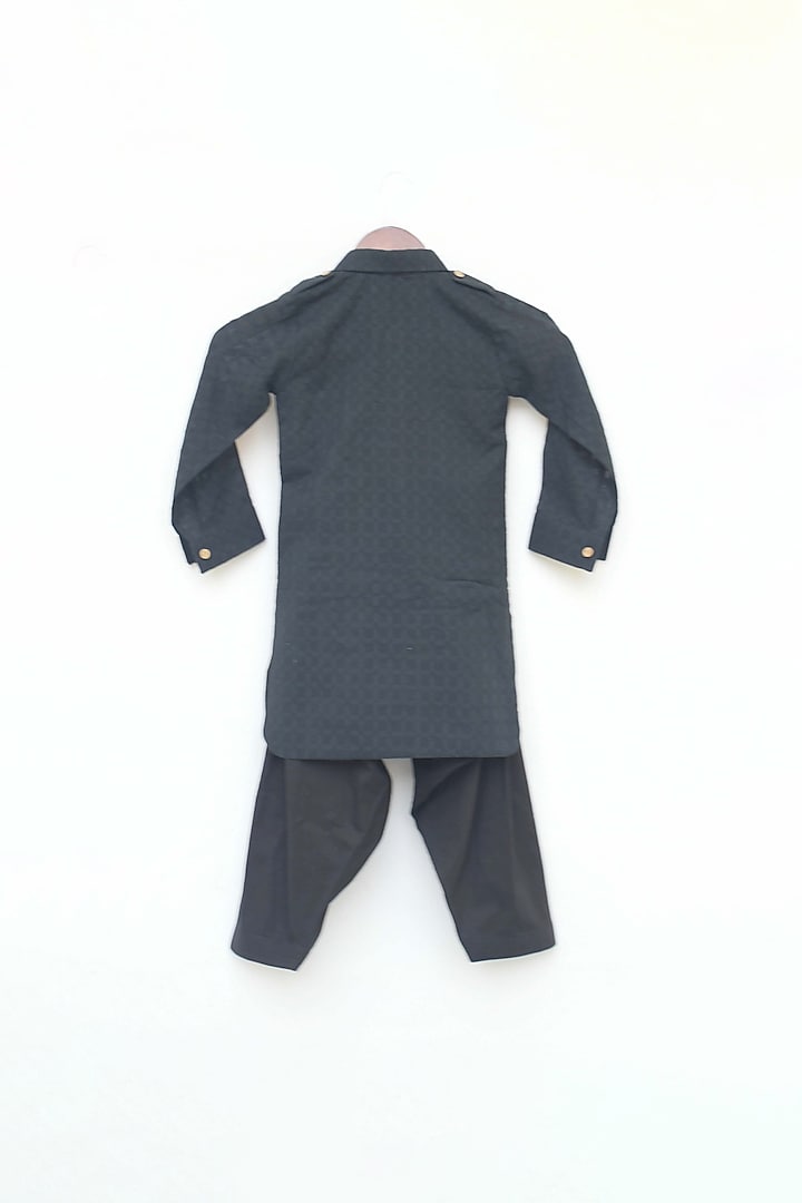 Black Cotton Embroidered Kurta Set For Boys by Fayon Kids at Pernia's Pop Up Shop