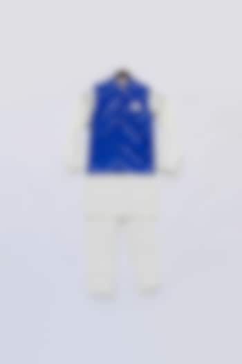 Off-White Kurta Set With Dark Blue Bundi Jacket For Boys by Fayon Kids