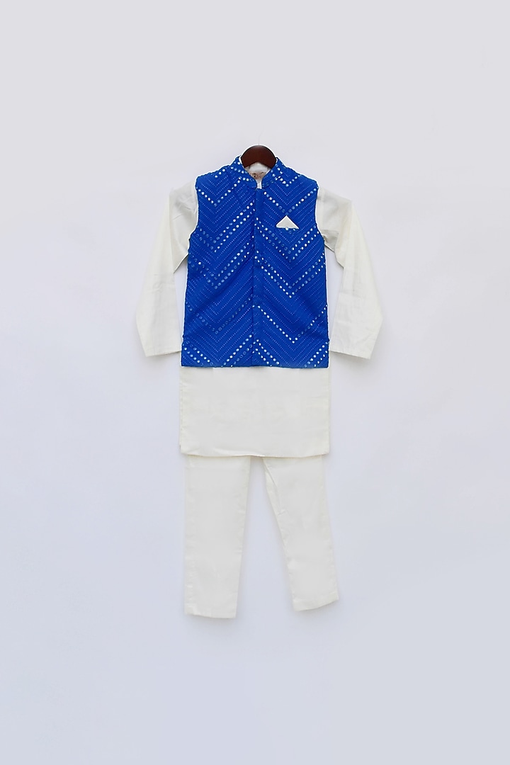 Off-White Kurta Set With Dark Blue Bundi Jacket For Boys by Fayon Kids