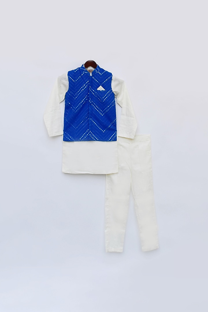 Dark Blue Cotton Silk Bundi Jacket Set For Boys by Fayon Kids at Pernia's Pop Up Shop