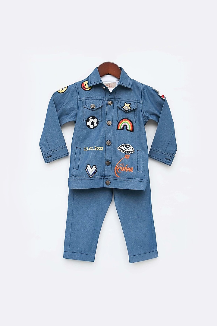 Dull Blue Denim Embroidered Jacket Set For Boys by Fayon Kids at Pernia's Pop Up Shop