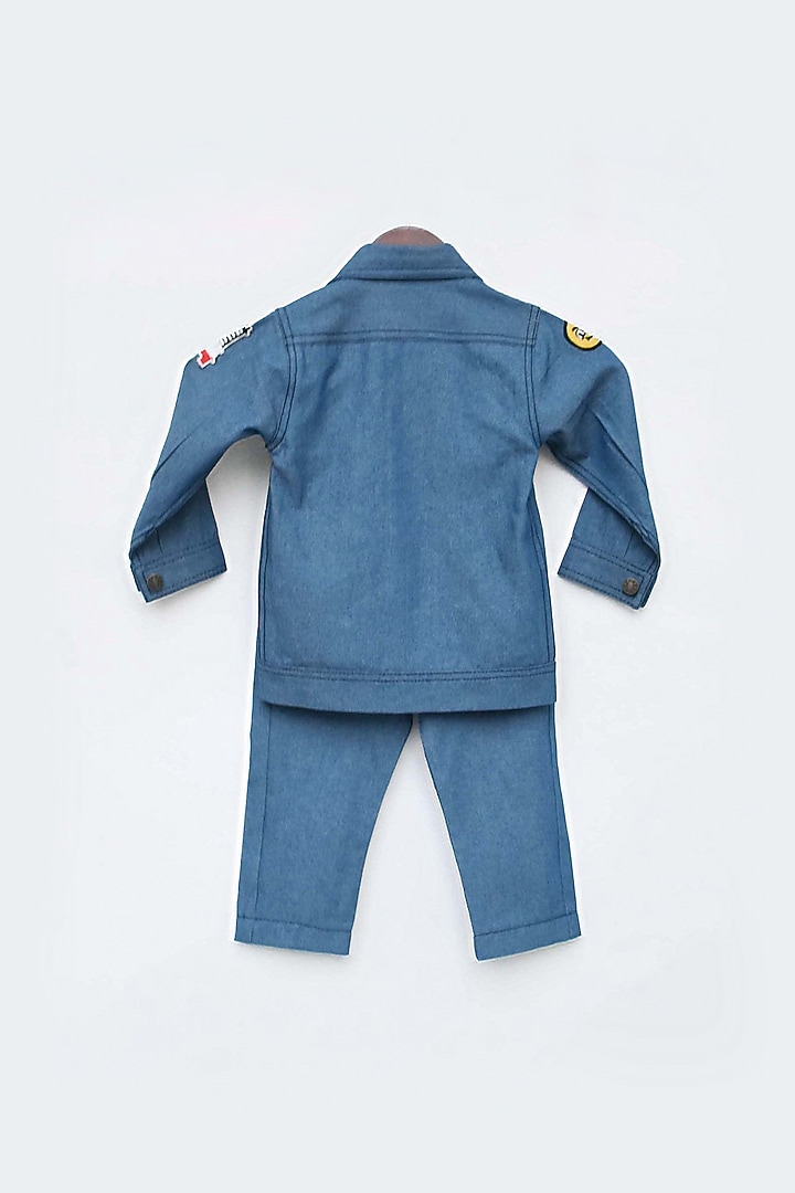 Dull Blue Denim Embroidered Jacket Set For Boys by Fayon Kids at Pernia's Pop Up Shop