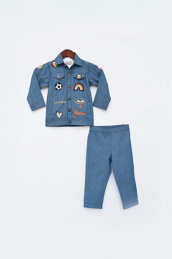 Dull Blue Denim Embroidered Jacket Set For Boys by Fayon Kids at Pernia's Pop Up Shop