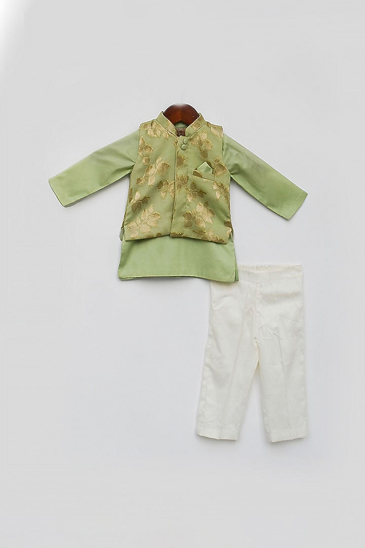 Pista Green Chanderi Bundi Jacket Set For Boys by Fayon Kids at Pernia's Pop Up Shop
