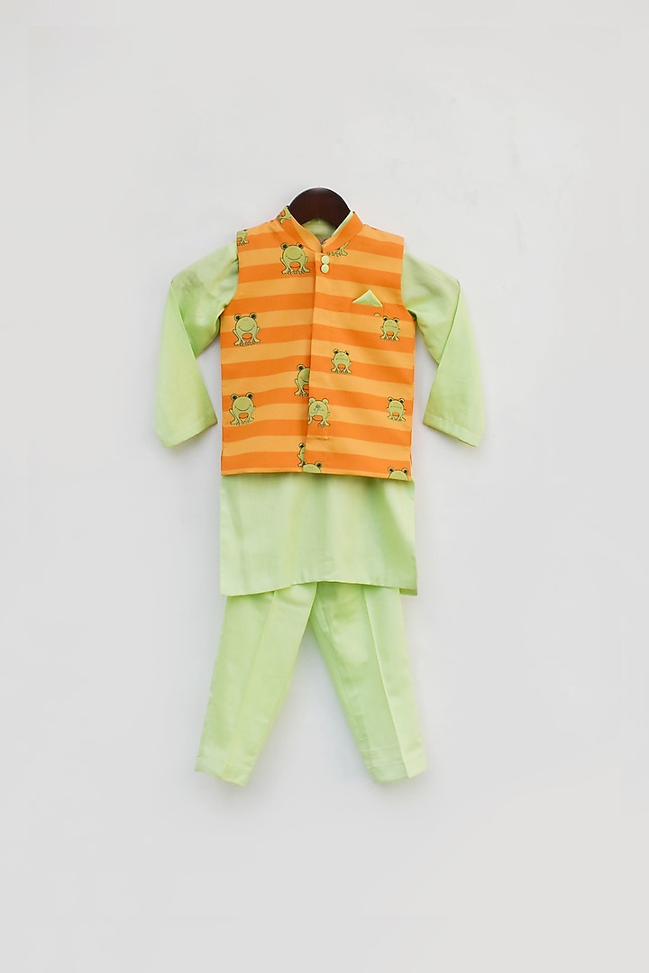 Mint Kurta Set With Orange Striped Nehru Jacket For Boys by Fayon Kids