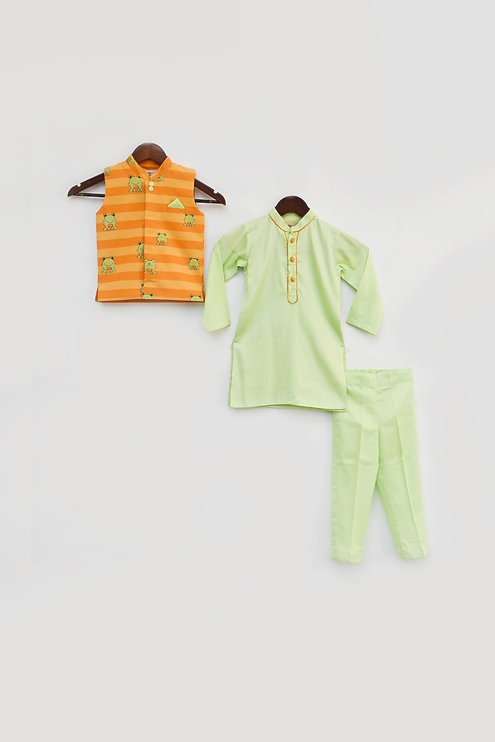 Orange Cotton Silk Nehru Jacket Set For Boys by Fayon Kids at Pernia's Pop Up Shop
