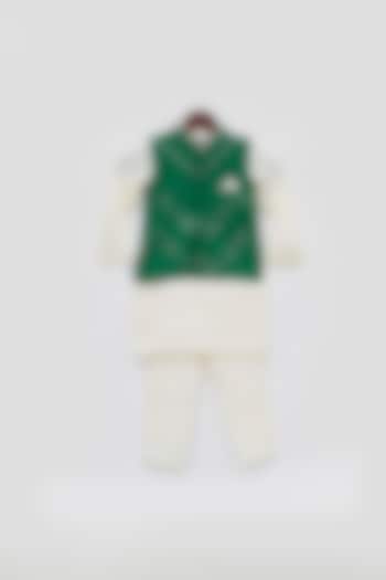 Off-White Kurta Set With Cadmium Green Bundi Jacket For Boys by Fayon Kids