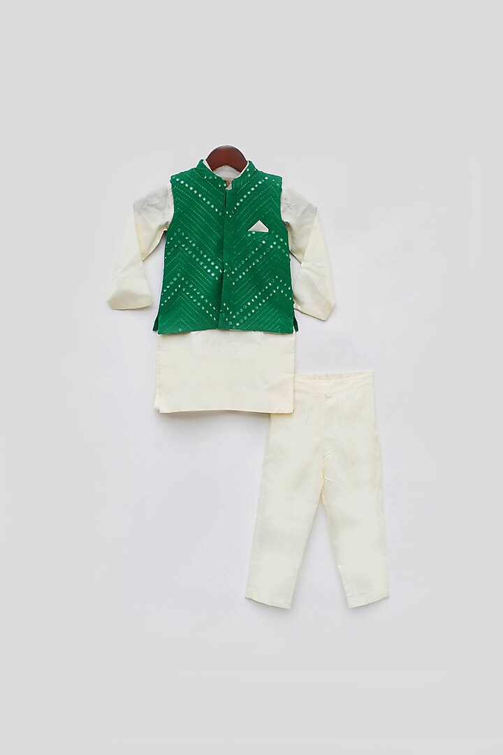 Cadmium Green Bundi Jacket Set For Boys by Fayon Kids at Pernia's Pop Up Shop