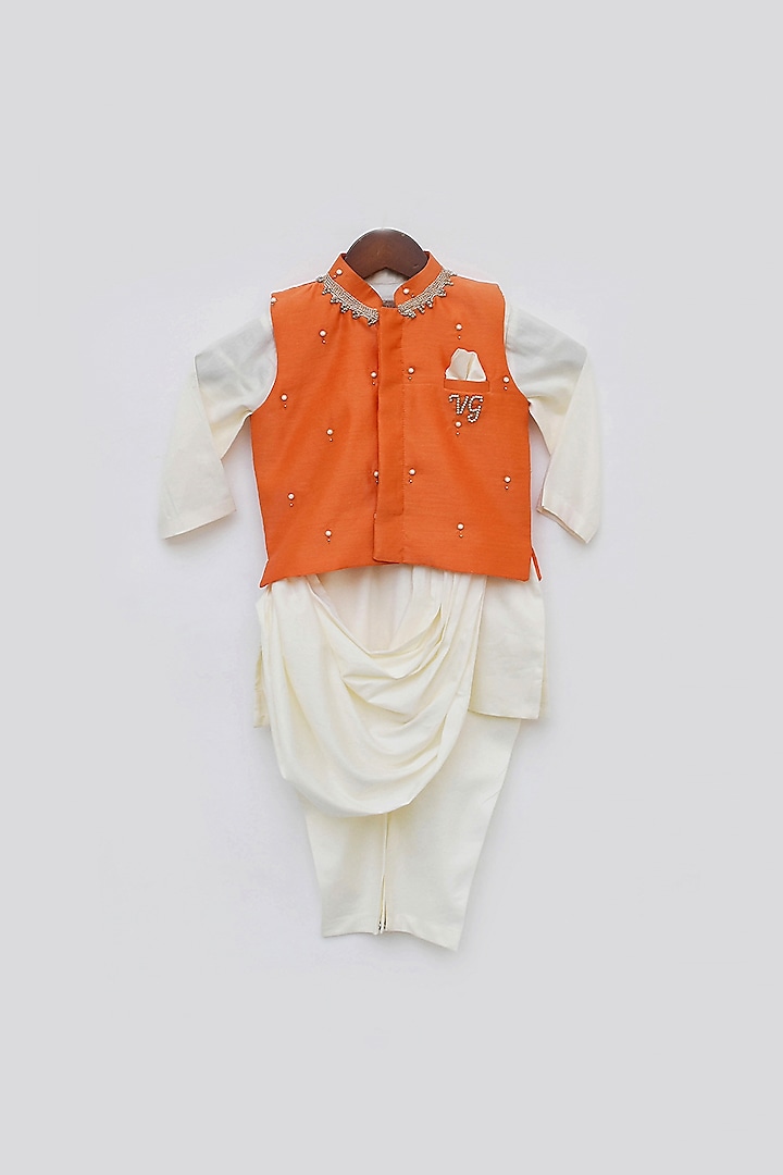 Off-White Kurta Set With Blaze Orange Nehru Jacket For Boys by Fayon Kids