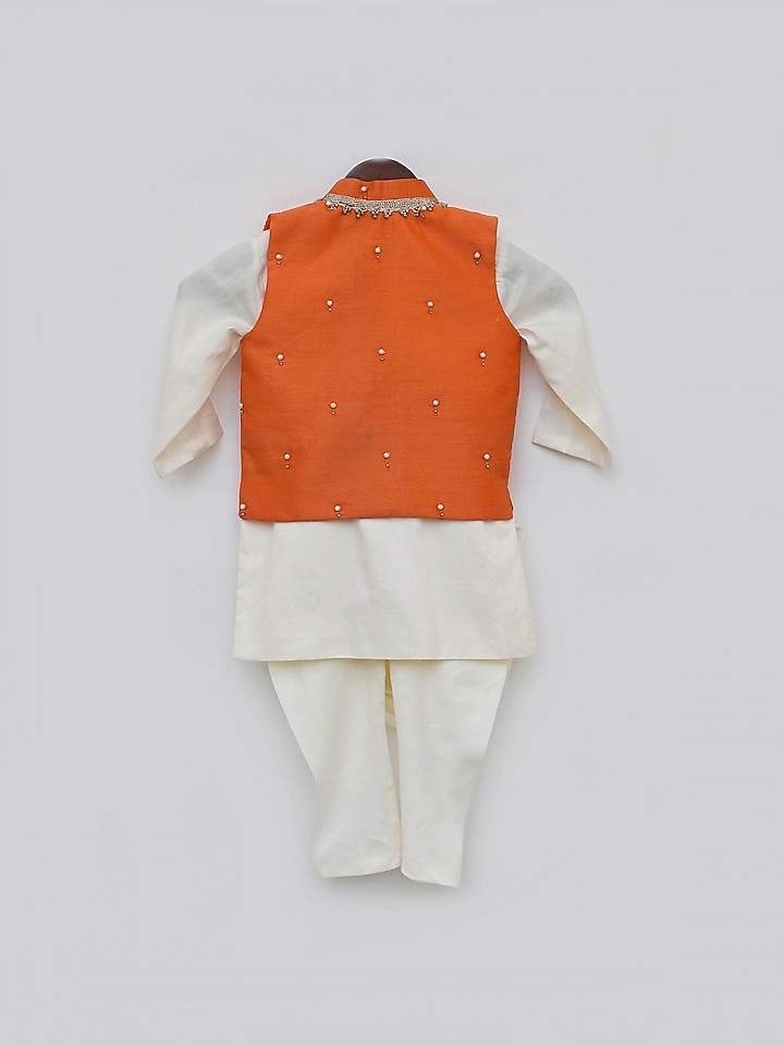 Off-White Kurta Set With Blaze Orange Nehru Jacket For Boys by