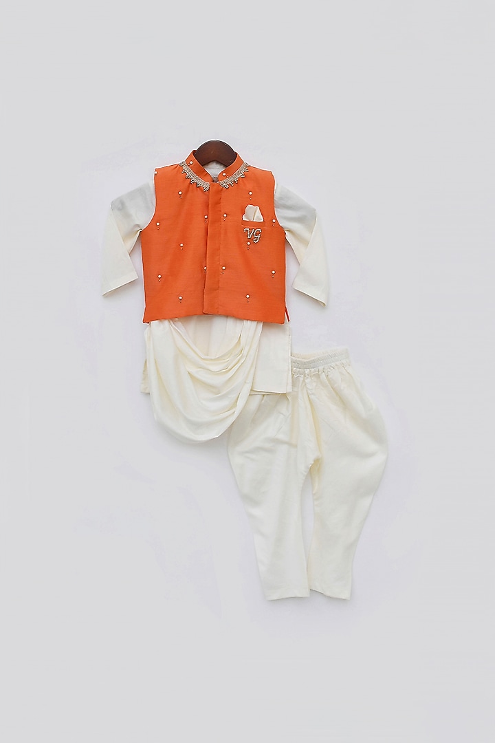 Blaze Orange Nehru Jacket Set For Boys by Fayon Kids at Pernia's Pop Up Shop