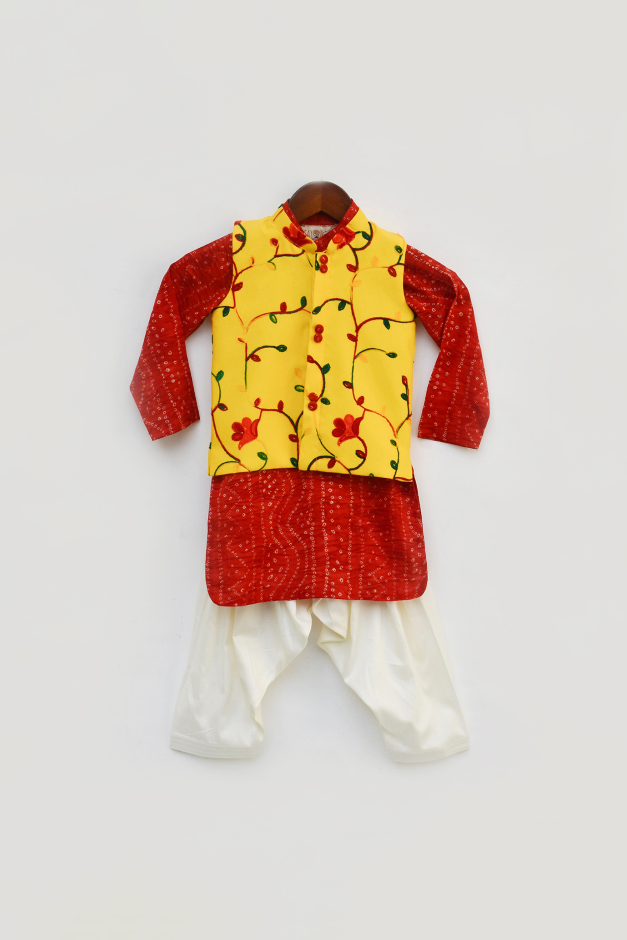 Fiery Red Kurta Set With Dandelion Yellow Nehru Jacket For Boys by Fayon Kids at Pernia's Pop Up Shop