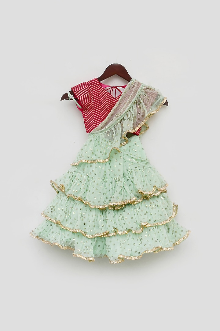 Mint Embroidered Ruffled Saree Set For Girls by Fayon Kids at Pernia's Pop Up Shop