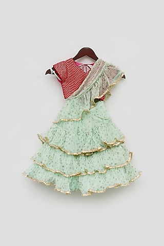 Mint Chiffon Embroidered Ruffled Saree Set For Girls by Fayon Kids