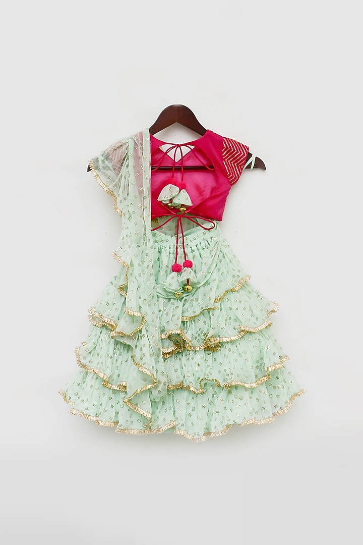 Mint Chiffon Embroidered Ruffled Saree Set For Girls by Fayon Kids at Pernia's Pop Up Shop
