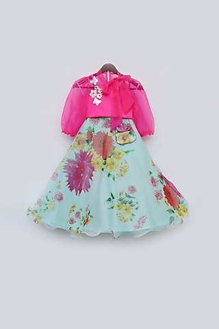 Aqua Blue Organza Floral Printed Lehenga Set For Girls by Fayon Kids