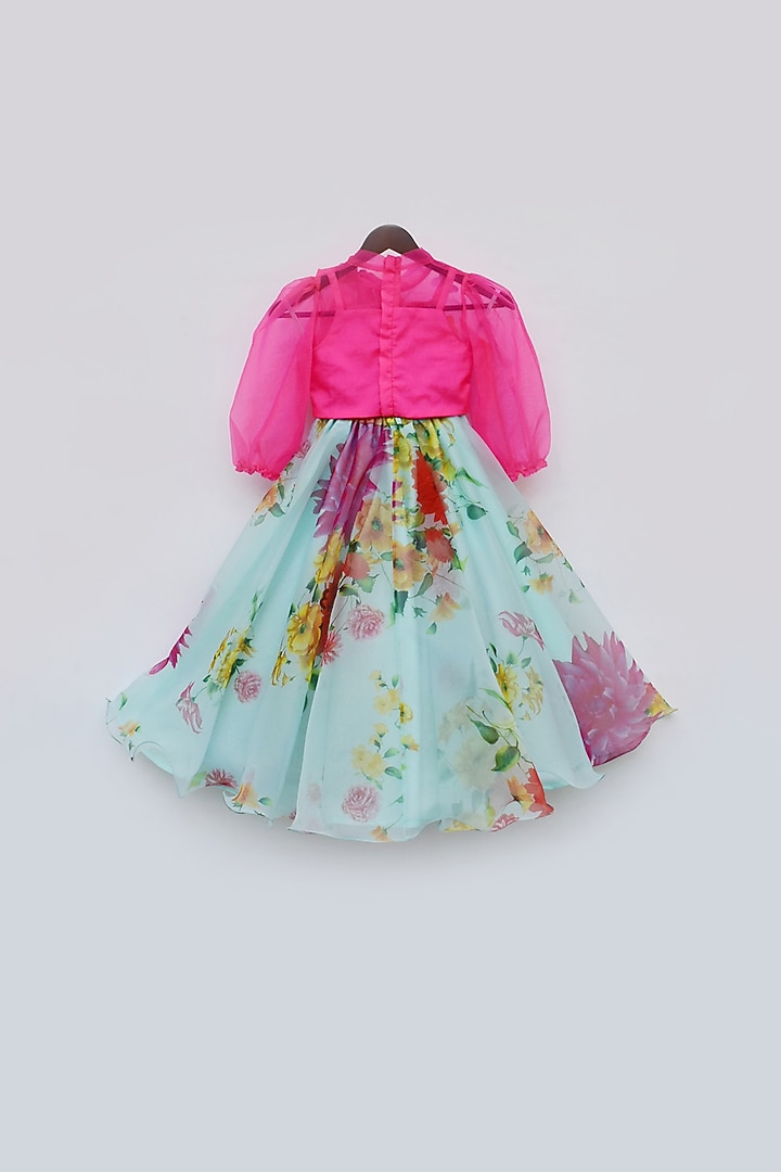Aqua Blue Organza Floral Printed Lehenga Set For Girls by Fayon Kids at Pernia's Pop Up Shop