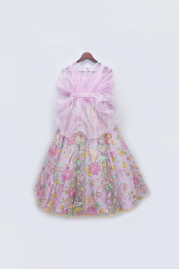 Lilac Net Floral Embroidered Jacket Lehenga Set For Girls by Fayon Kids at Pernia's Pop Up Shop