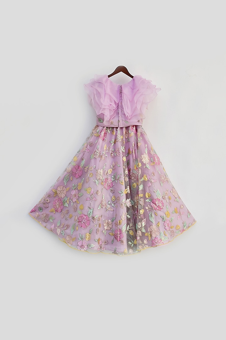 Lilac Net Floral Embroidered Lehenga Set For Girls by Fayon Kids at Pernia's Pop Up Shop