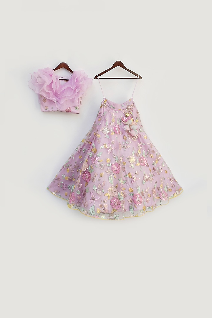 Lilac Net Floral Embroidered Lehenga Set For Girls by Fayon Kids at Pernia's Pop Up Shop