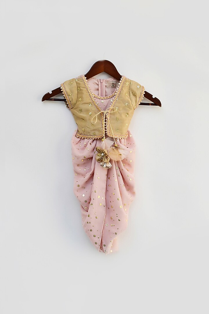 Peach Embroidered Dhoti Jumpsuit With Golden Jacket For Girls by Fayon Kids