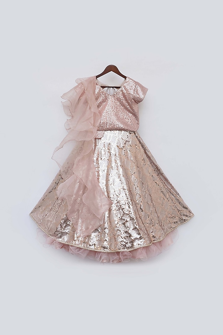 Peach Sequins Embroidered Lehenga Set For Girls by Fayon Kids