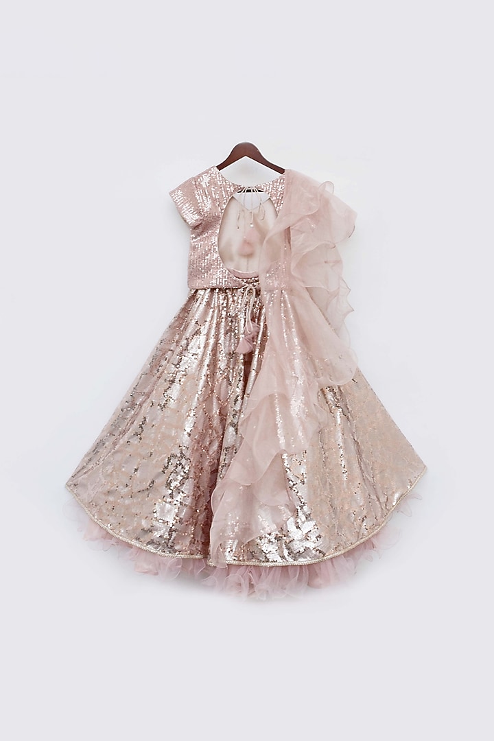 Peach Sequins Embroidered Lehenga Set For Girls by Fayon Kids at Pernia's Pop Up Shop