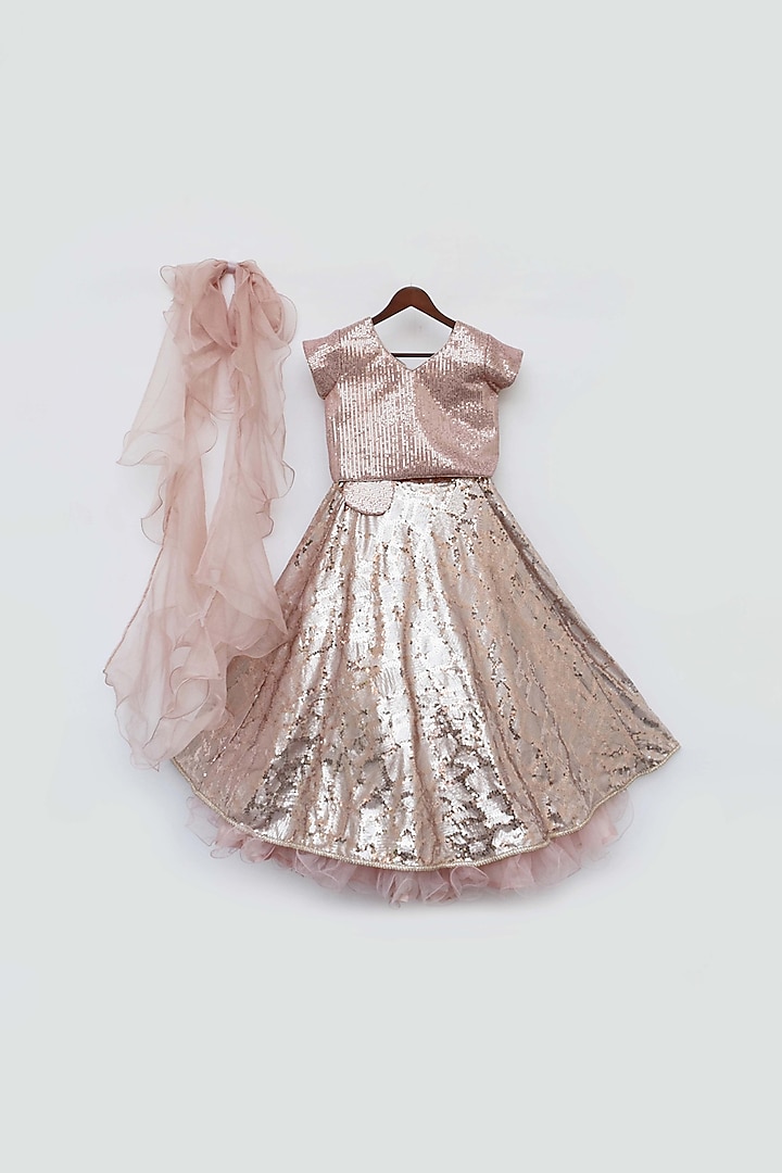 Peach Sequins Embroidered Lehenga Set For Girls by Fayon Kids at Pernia's Pop Up Shop