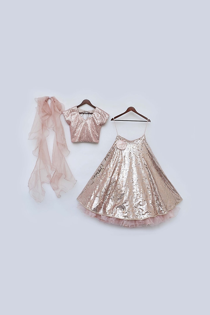Peach Sequins Embroidered Lehenga Set For Girls by Fayon Kids at Pernia's Pop Up Shop