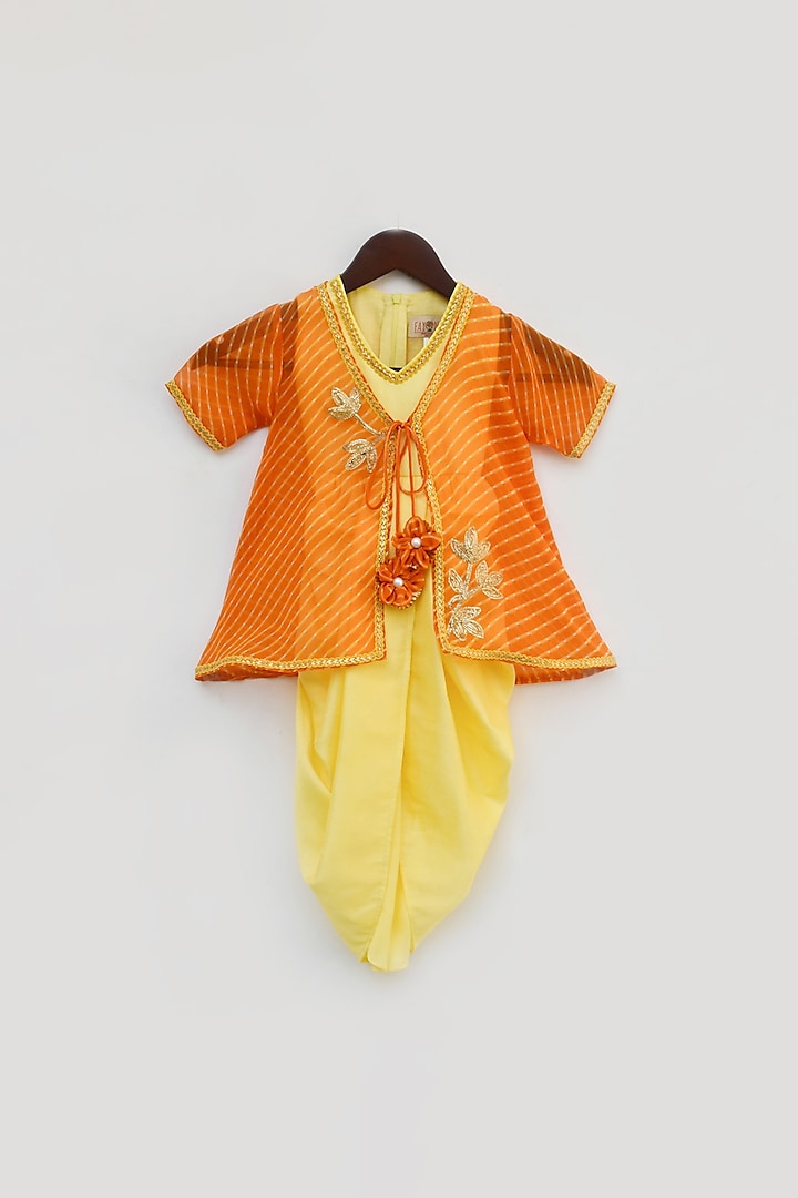 Butter Yellow Dhoti Jumpsuit With Orange Printed Jacket For Girls by Fayon Kids