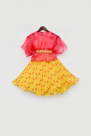 Citrus Yellow Printed Cape Lehenga Set For Girls by Fayon Kids