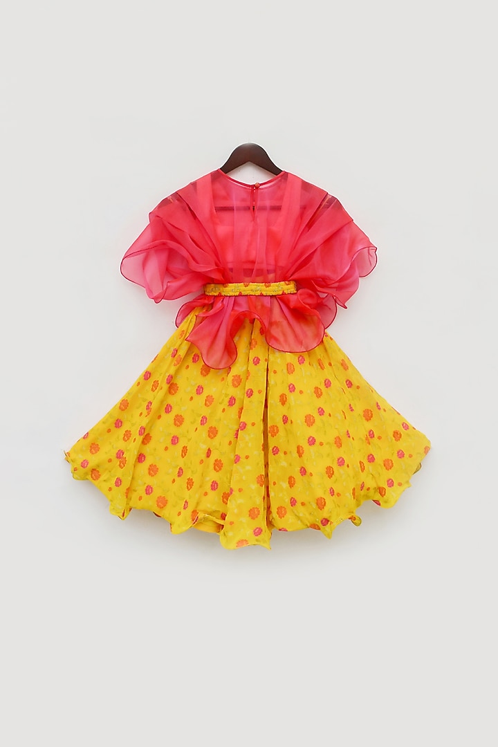 Citrus Yellow Printed Cape Lehenga Set For Girls by Fayon Kids at Pernia's Pop Up Shop