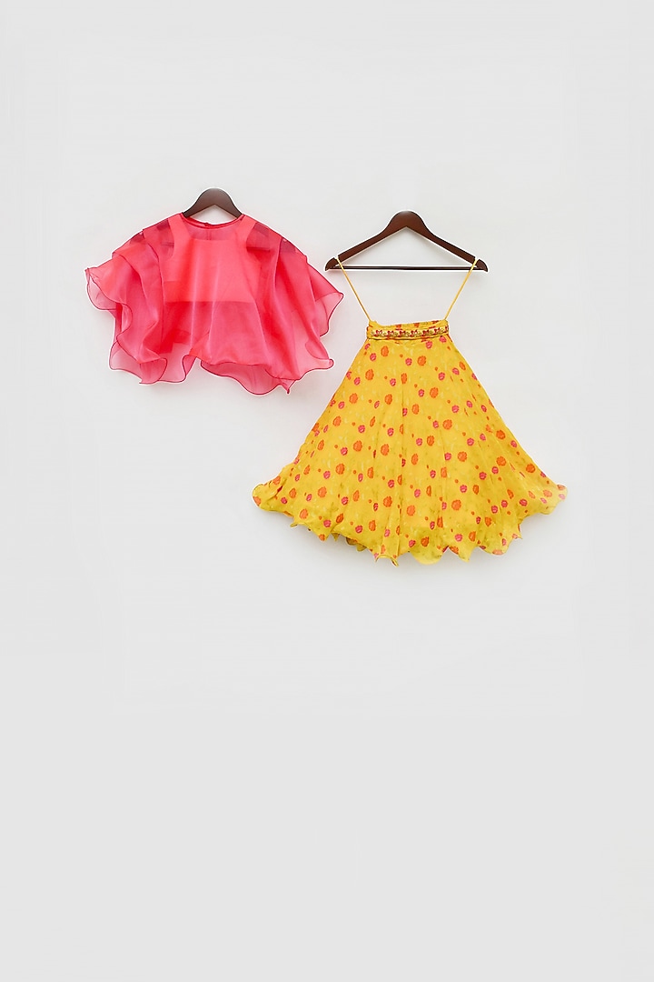 Citrus Yellow Printed Cape Lehenga Set For Girls by Fayon Kids at Pernia's Pop Up Shop