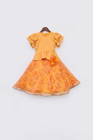 Spectra Yellow Printed Lehenga Set For Girls by Fayon Kids