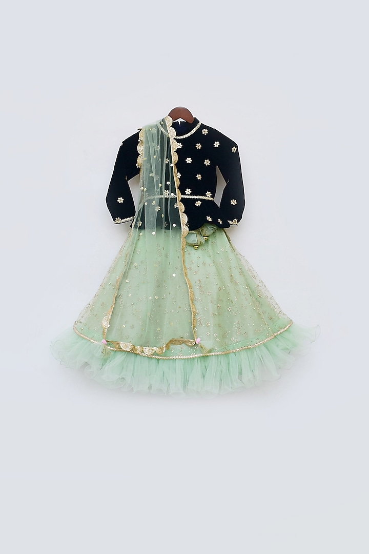 Mint Sequins Embroidered Lehenga Set For Girls by Fayon Kids