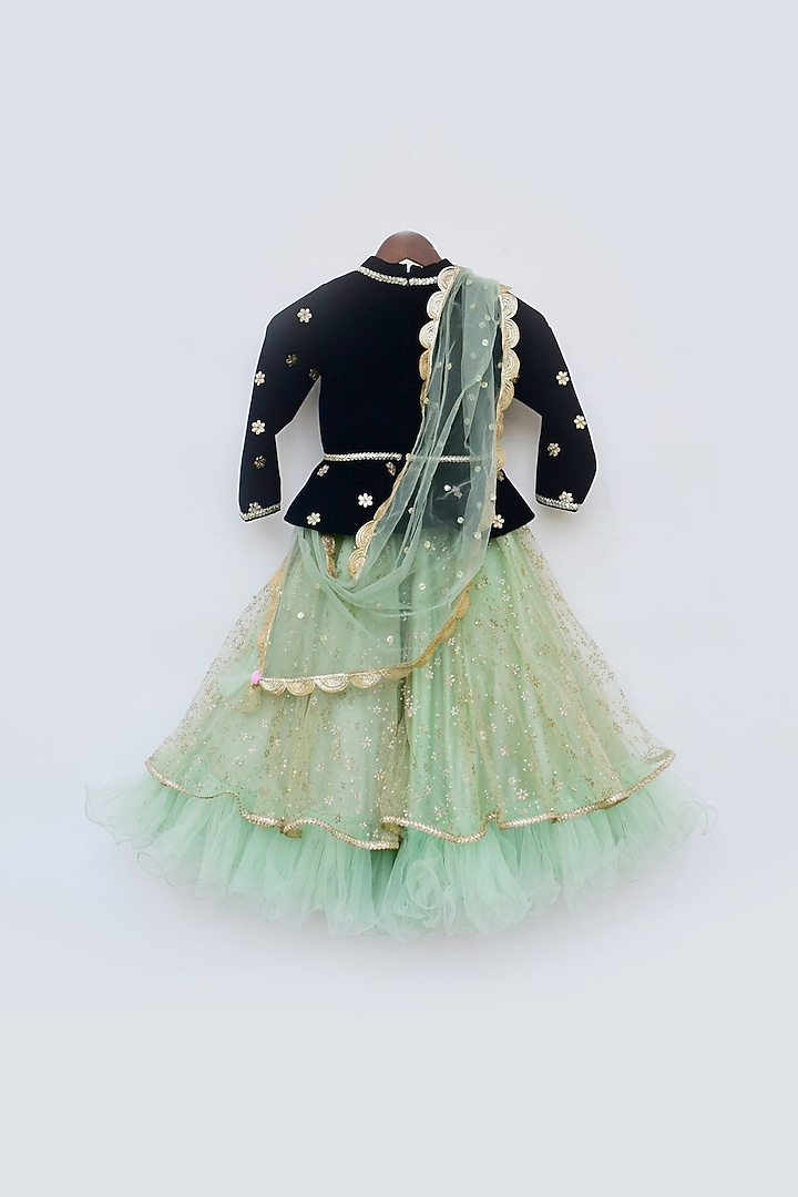 Mint Sequins Embroidered Lehenga Set For Girls by Fayon Kids at Pernia's Pop Up Shop